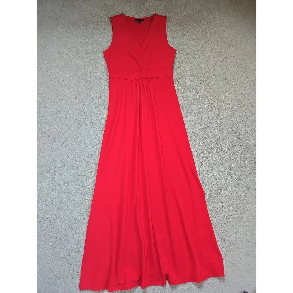 Lands' End Red Orange Maxi Dress Pima Cotton Stretch Surplice Bodice M Side Slit